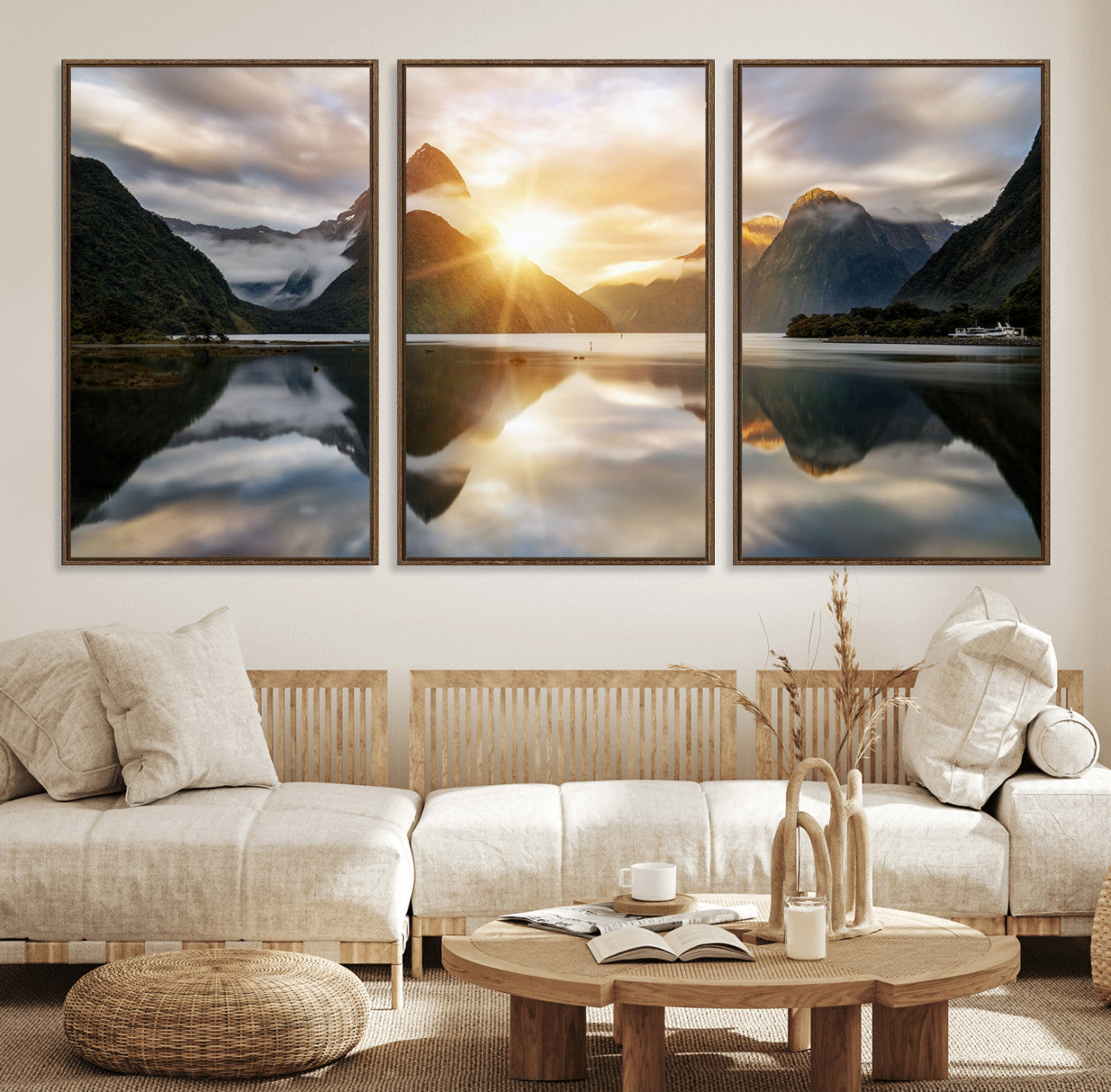 78842-MGV-FC-60X30-3P_Walnut-Sunrise Mountain Reflection Wall Art – Stunning Nature Landscape Canvas Print for Home, Office, Living Room or Relaxing Space