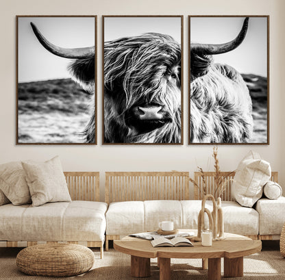36979-MGV-FC-60X30-3P_Walnut-Striking black-and-white portrait of a Highland cow with flowing fur and majestic horns, perfect for rustic and elegant home or