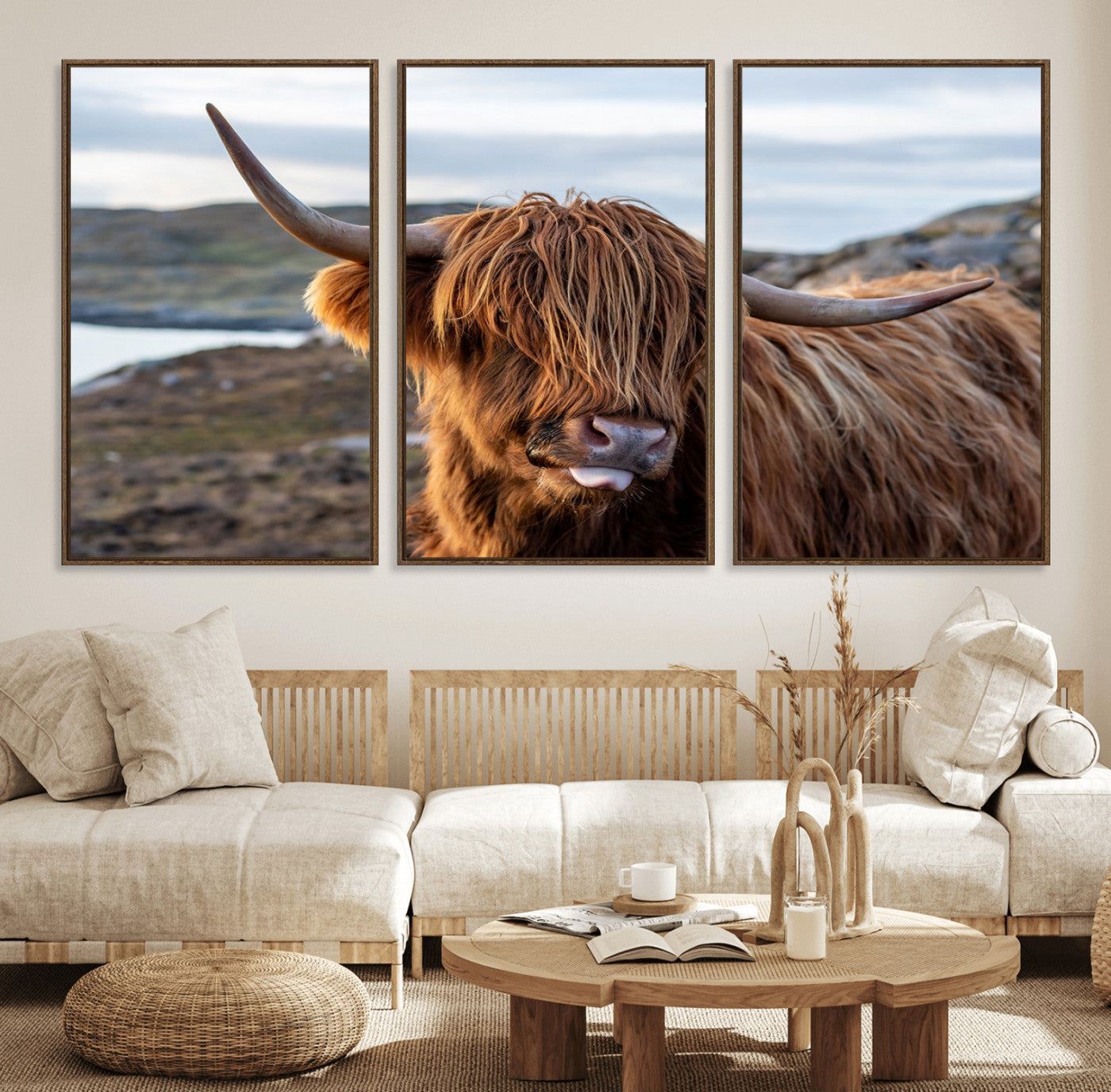 71222-MGV-CV-36X24-A playful Highland cow with shaggy fur sticks out its tongue, set against a rugged landscape — perfect for quirky home or office