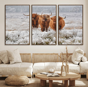 10396-MGV-FC-60X30-3P_Walnut-Highland Cattle Wall Art – Rustic Winter Landscape Canvas Print, Farmhouse Decor for Living Room, Office, Cabin or Country Home