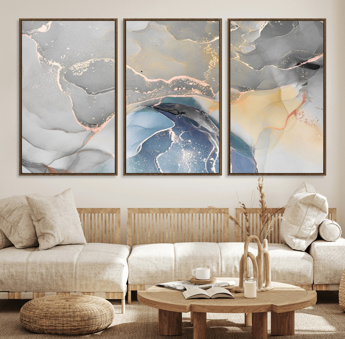 63211-MGV-FC-60X30-3P_Walnut-Abstract Fluid Art Wall Decor – Blue, Gray & Gold Canvas Print, Modern Home and Office Wall Art Decor for Living Room, Bedroom or