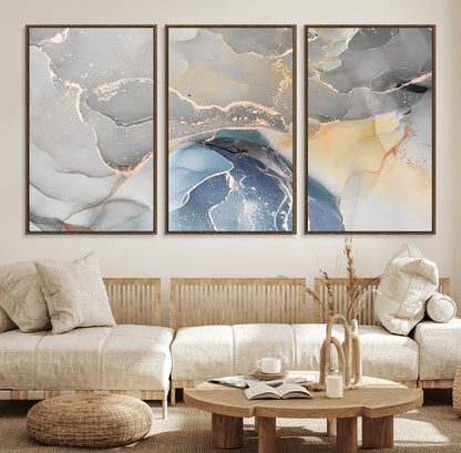 63211-MGV-FC-60X30-3P_Walnut-Abstract Fluid Art Wall Decor – Blue, Gray & Gold Canvas Print, Modern Home and Office Wall Art Decor for Living Room, Bedroom or