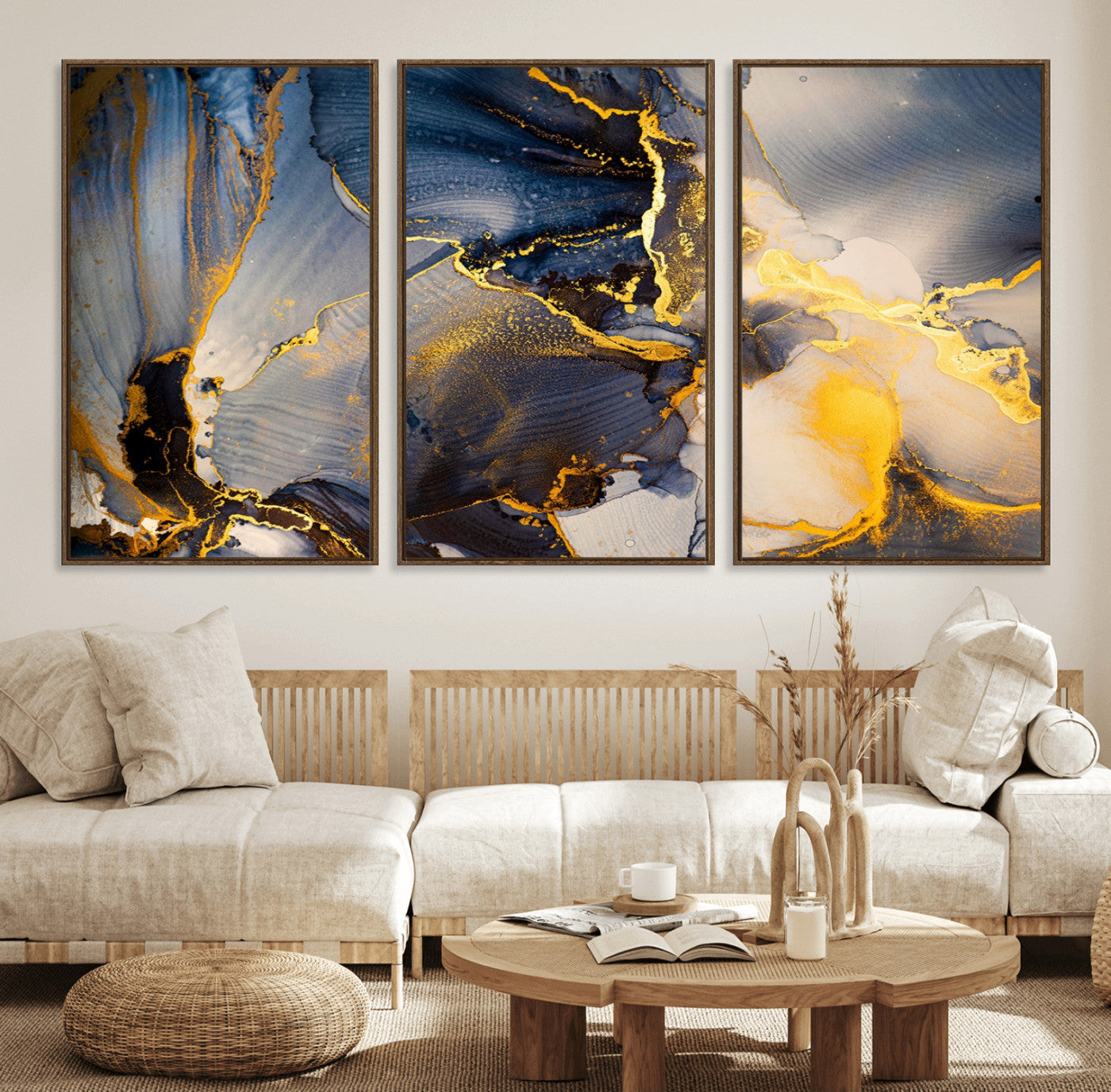 42100-MGV-FC-60X30-3P_Walnut-Golden Flow Abstract Wall Art – Panoramic Modern Blue and Gold Canvas Print, Contemporary Artistic Decor for Home, Office