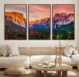 24519-MGV-FC-60X30-3P_Walnut-Yosemite Valley Sunset Wall Art – Majestic Mountain Landscape with Waterfall and Vibrant Sky, Nature Photography for Home or