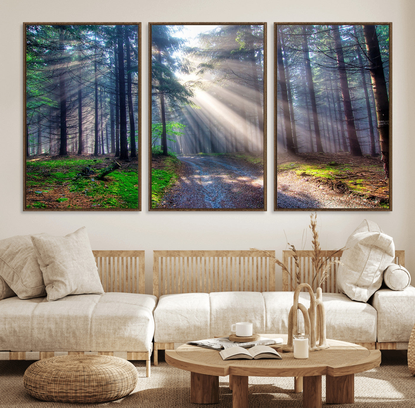 42047-MGV-FC-60X30-3P_Walnut-Sunlit Forest Path Wall Art – Nature Canvas Print, Serene Woodland Landscape, Perfect Home & Office Decor for Calm and Tranquil