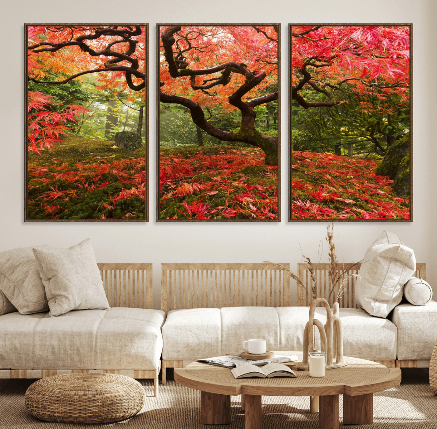 73343-MGV-FC-60X30-3P_Walnut-Autumn Maple Wall Art – Panoramic Vibrant Red Maple Tree Canvas Print, Seasonal Nature Decor for Office, Living Room or Garden