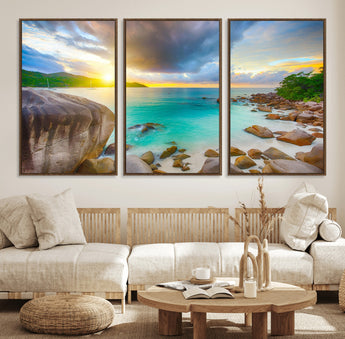23769-MGV-CV-36X24-Tropical Beach Sunset Wall Art – Ocean Waves and Rocky Shore Canvas Print, Coastal Seascape Photography Decor