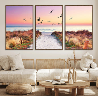 54411-MGV-FC-60X30-3P_Walnut-Coastal Path Sunrise Wall Art – Serene Ocean Canvas Print, Beach Landscape Decor for Living Room, Bedroom or Office, Peaceful