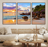 43209-MGV-CV-36X24-Tropical Beach Sunset Wall Art – Golden Ocean Waves and Palm Trees with Rocky Shore Canvas Print, Coastal Seascape Decor for