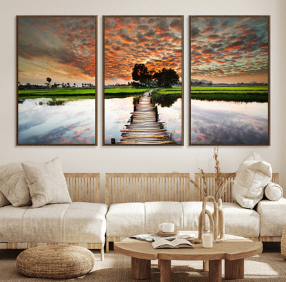 29105-MGV-FC-60X30-3P_Walnut-Rustic Wooden Bridge Wall Art – Scenic Sunset Over Rice Fields and Reflective Water Canvas Print, Nature Landscape Decor for