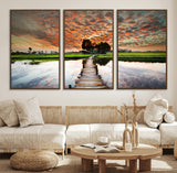 29105-MGV-CV-36X24-Rustic Wooden Bridge Wall Art – Scenic Sunset Over Rice Fields and Reflective Water Canvas Print, Nature Landscape Decor for