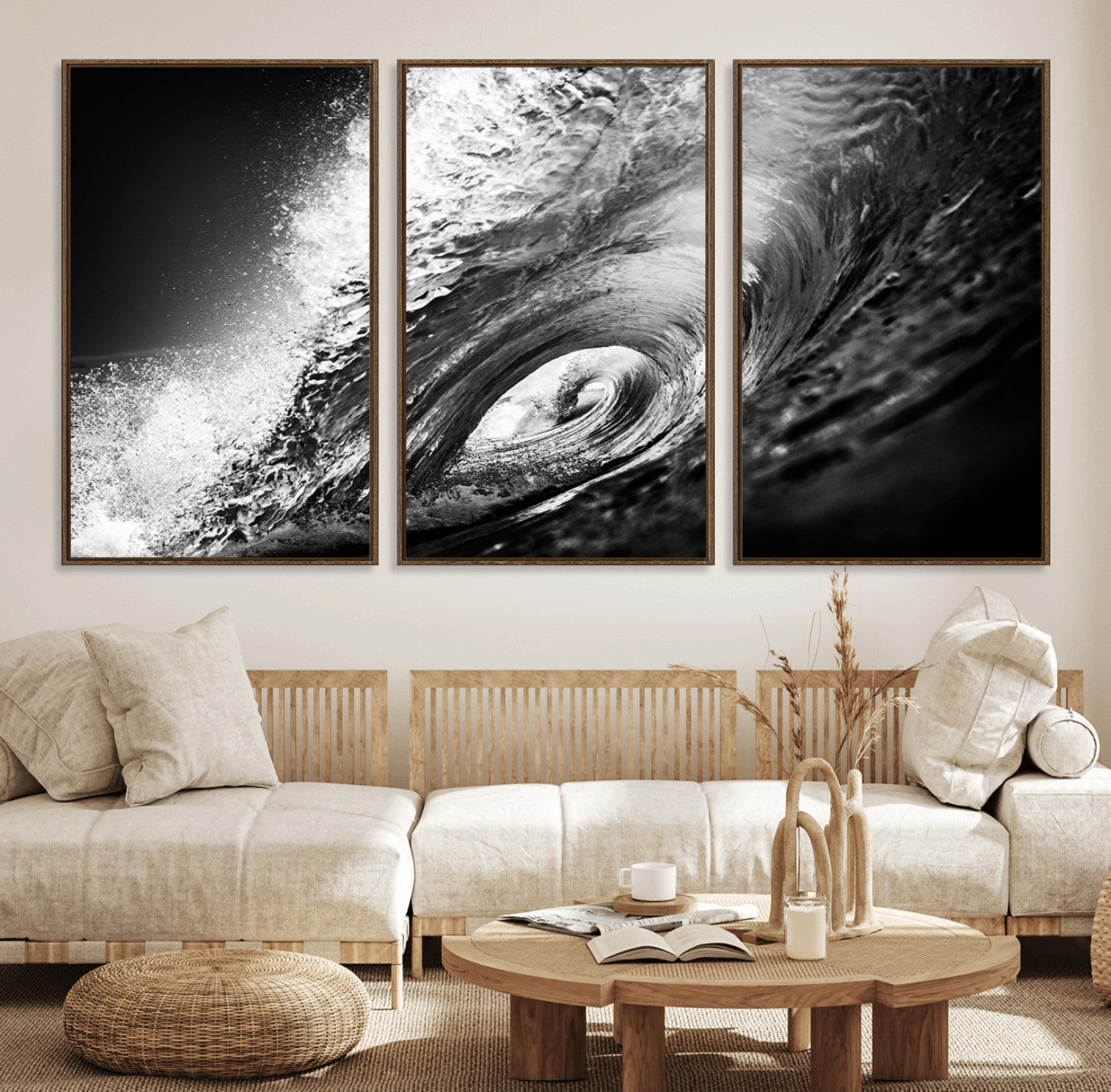 22702-MGV-CV-36X24-Black and White Ocean Wave Wall Art – Powerful Surf Curl Photography Canvas Print, Modern Coastal Decor for Living Room, Office or
