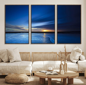 65405-MGV-CV-36X24-Blue Sunrise Seascape Wall Art – Tranquil Ocean Horizon Canvas Print with Golden Sunlight and Deep Sky, Coastal Landscape Decor