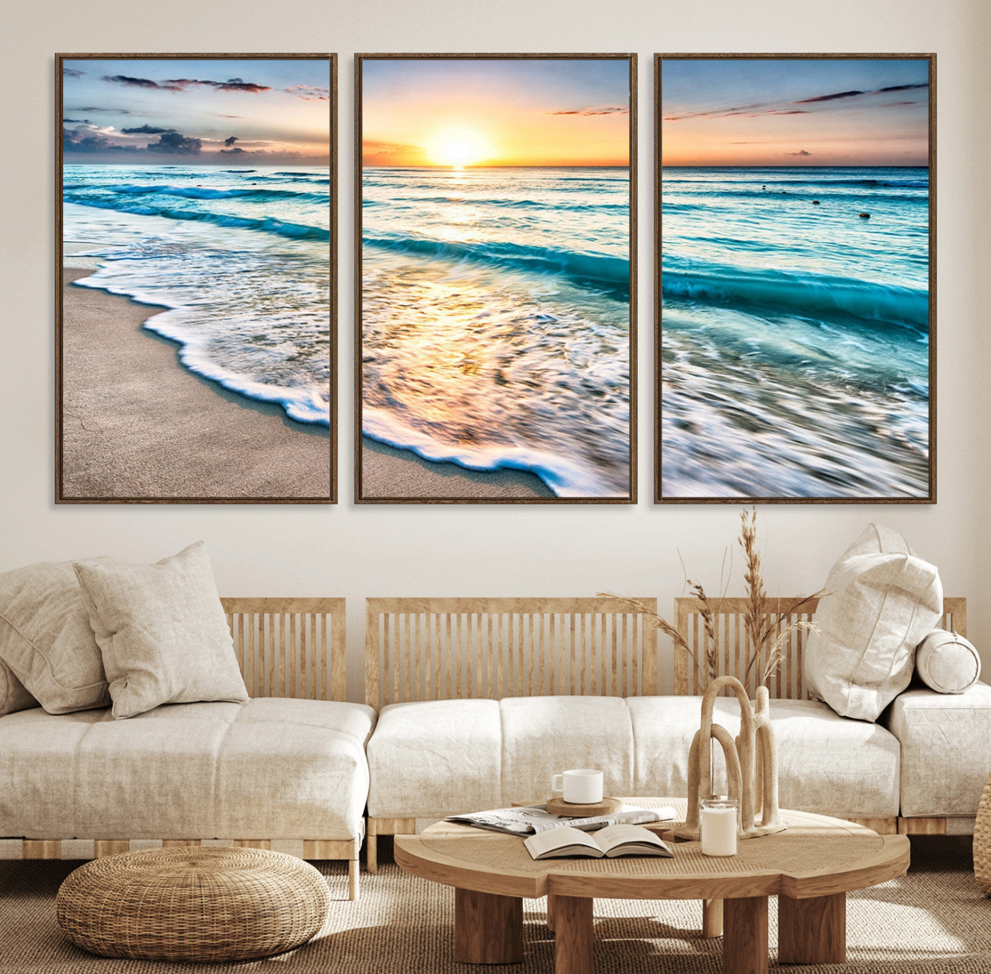 27815-MGV-CV-36X24-Ocean Sunrise Beach Wall Art – Serene Coastal Canvas Print with Waves and Golden Morning Light, Relaxing Seascape Decor for