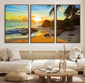 26181-MGV-CV-36X24-Golden Tropical Sunset Beach Wall Art – Ocean Canvas Print with Palm Trees and Rocks, Coastal Paradise Decor for Living Room or