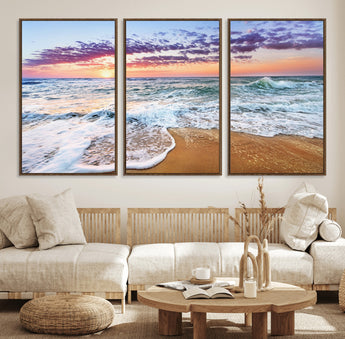 44120-MGV-FC-60X30-3P_Walnut-Ocean Sunset Wall Art – Beach Landscape Canvas Print, Serene Coastal Decor for Living Room, Office or Bedroom