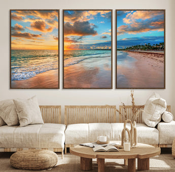 41572-MGV-CV-36X24-Sunset Beach Wall Art – Ocean Waves and Palm Trees Canvas Print, Tropical Coastal Sunset Seascape Decor for Living Room, Bedroom
