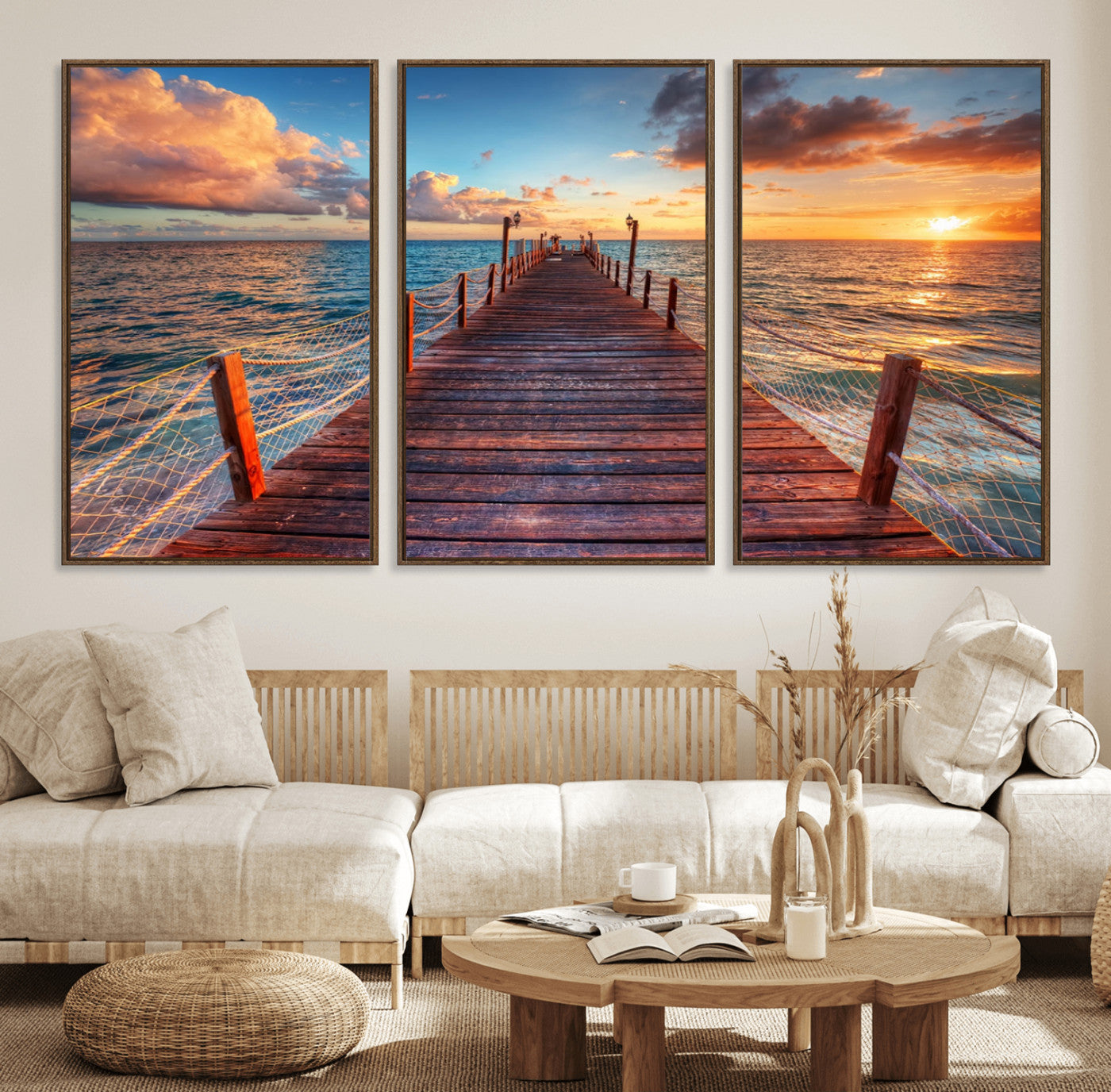 28836-MGV-CV-36X24-Ocean Pier Sunset Wall Art – Wooden Dock and Golden Horizon Canvas Print, Coastal Seascape Photography for Living Room, Bedroom,
