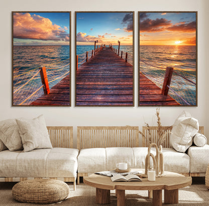 28836-MGV-CV-36X24-Ocean Pier Sunset Wall Art – Wooden Dock and Golden Horizon Canvas Print, Coastal Seascape Photography for Living Room, Bedroom,
