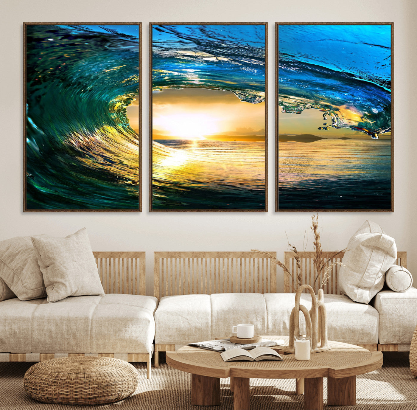 19378-MGV-CV-36X24-Ocean Wave Sunset Wall Art – Vibrant Surf and Golden Horizon Canvas Print, Coastal Seascape Photography for Living Room, Bedroom,