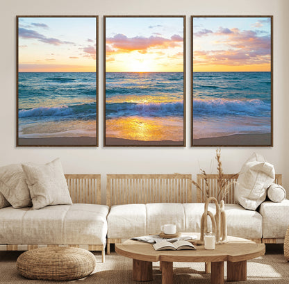 78006-MGV-CV-36X24-Golden Sunrise Ocean Wall Art – Panoramic Beach Waves Canvas Print, Coastal Seascape Artwork for Living Room, Bedroom, Office, or