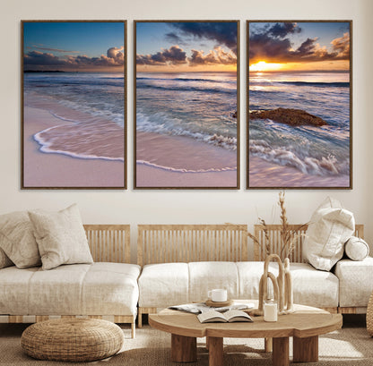 94906-MGV-CV-36X24-Sunrise Beach Wall Art – Panoramic Ocean Waves Canvas Print, Coastal Sunset Seascape Artwork for Living Room, Bedroom, or Office