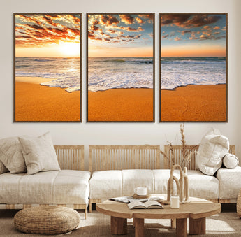 15399-MGV-CV-36X24-Golden Sunrise Beach Wall Art – Ocean Waves on Sandy Shore Canvas Print, Coastal Seascape Decor for Living Room or Bedroom