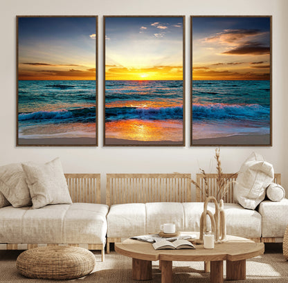 50627-MGV-CV-36X24-Ocean Sunset Wall Art – Serene Beach Canvas Print with Waves and Golden Sky, Coastal Decor for Living Room or Office