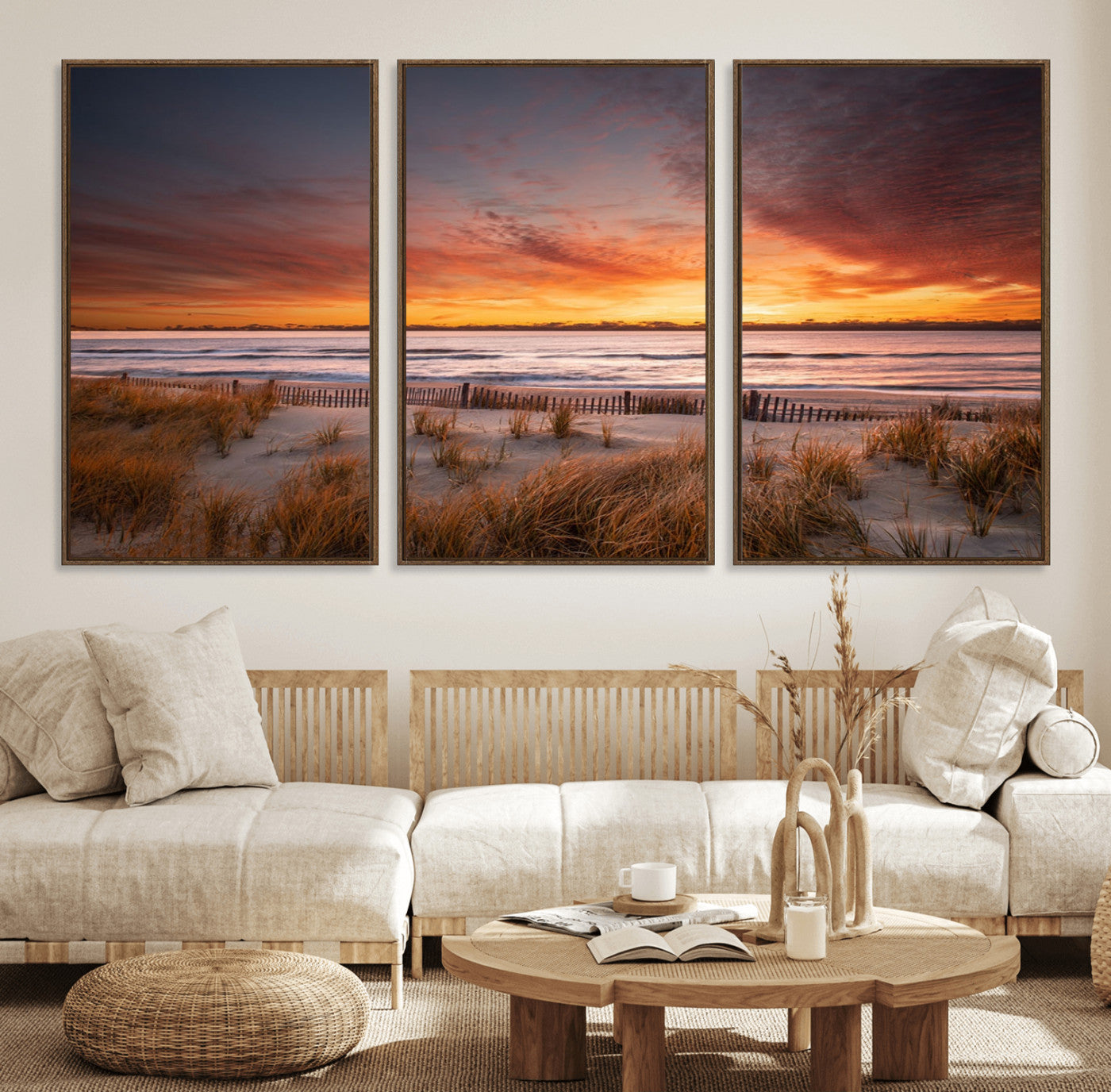 90176-MGV-CV-36X24-Beach Sunset Wall Art – Coastal Sand Dune Canvas Print with Ocean Waves and Dramatic Sky, Seaside Landscape Decor for Living Room