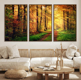 73494-MGV-FC-60X30-3P_Walnut-Golden Autumn Forest Path Wall Art – Sunlit Woodland Canvas Print, Fall Nature Landscape Home Decor