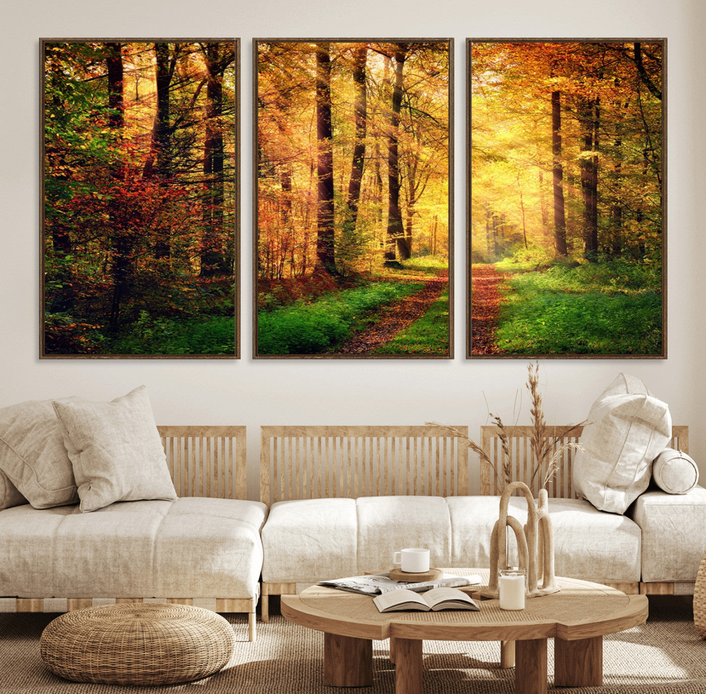 73494-MGV-CV-36X24-Golden Autumn Forest Path Wall Art – Sunlit Woodland Canvas Print, Fall Nature Landscape Home Decoration