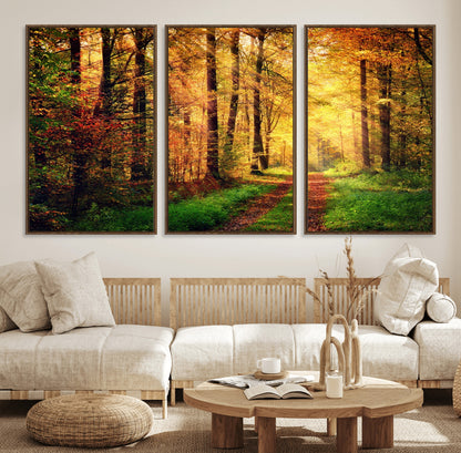 73494-MGV-CV-36X24-Golden Autumn Forest Path Wall Art – Sunlit Woodland Canvas Print, Fall Nature Landscape Home Decoration