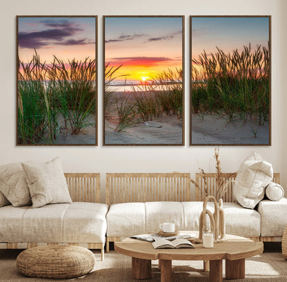 25576-MGV-CV-36X24-Beach Grass Sunset Wall Art – Coastal Sand Dune Landscape Canvas Print, Ocean View Nature Decor for Living Room or Office Wall