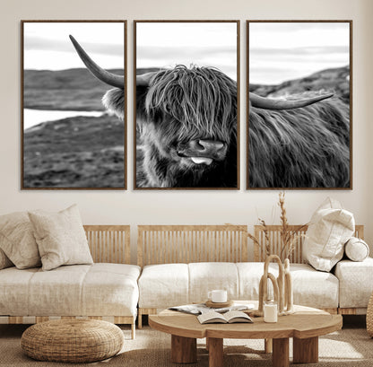 83810-MGV-CV-36X24-Highland Cow Wall Art – Black and White Highland Cattle Print, Rustic Farmhouse Animal Decor for Living Room