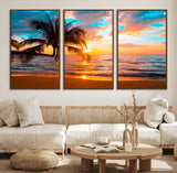 34674-MGV-CV-36X24-Tropical Sunset Beach Wall Art – Palm Tree Ocean Canvas Print, Coastal Seascape Decor for Living Room or Office Wall