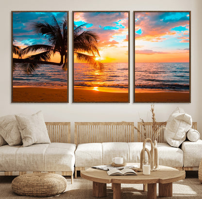 34674-MGV-CV-36X24-Tropical Sunset Beach Wall Art – Palm Tree Ocean Canvas Print, Coastal Seascape Decor for Living Room or Office Wall