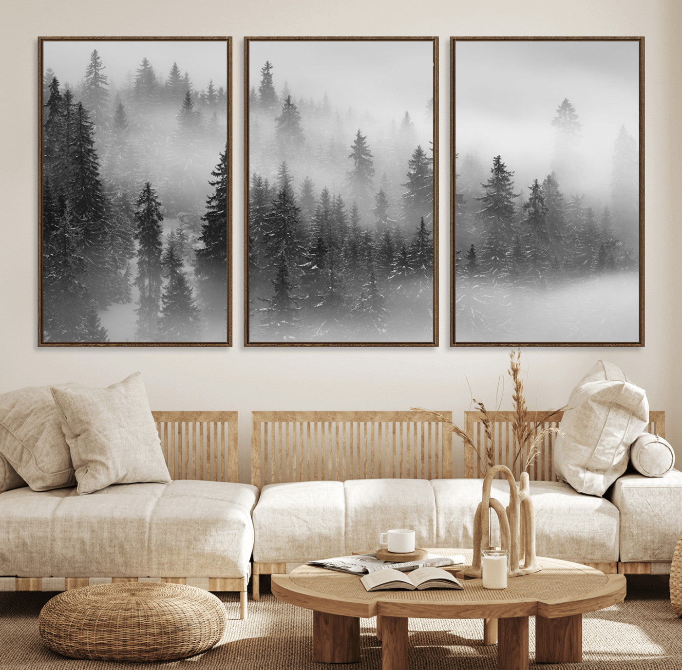 57235-MGV-FC-60X30-3P_Walnut-Misty Pine Forest Wall Art – Black and White Mountain Landscape Canvas Print, Nature Woodland Decor for Living Room, Bedroom or