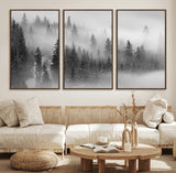 57235-MGV-FC-60X30-3P_Walnut-Misty Pine Forest Wall Art – Black and White Mountain Landscape Canvas Print, Nature Woodland Decor for Living Room, Bedroom or