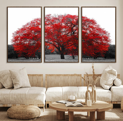 80021-MGV-CV-36X24-Red Tree Wall Art – Striking Black and White Landscape Canvas Print with Vibrant Red Leaves, Modern Nature Decor for Living Room