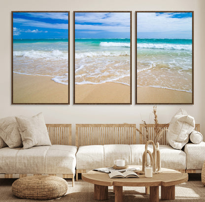 20660-MGV-CV-36X24-Ocean Wave Beach Wall Art – Serene Blue Sea and Sandy Shore Canvas Print, Coastal Landscape Photography Decor for Living Room or