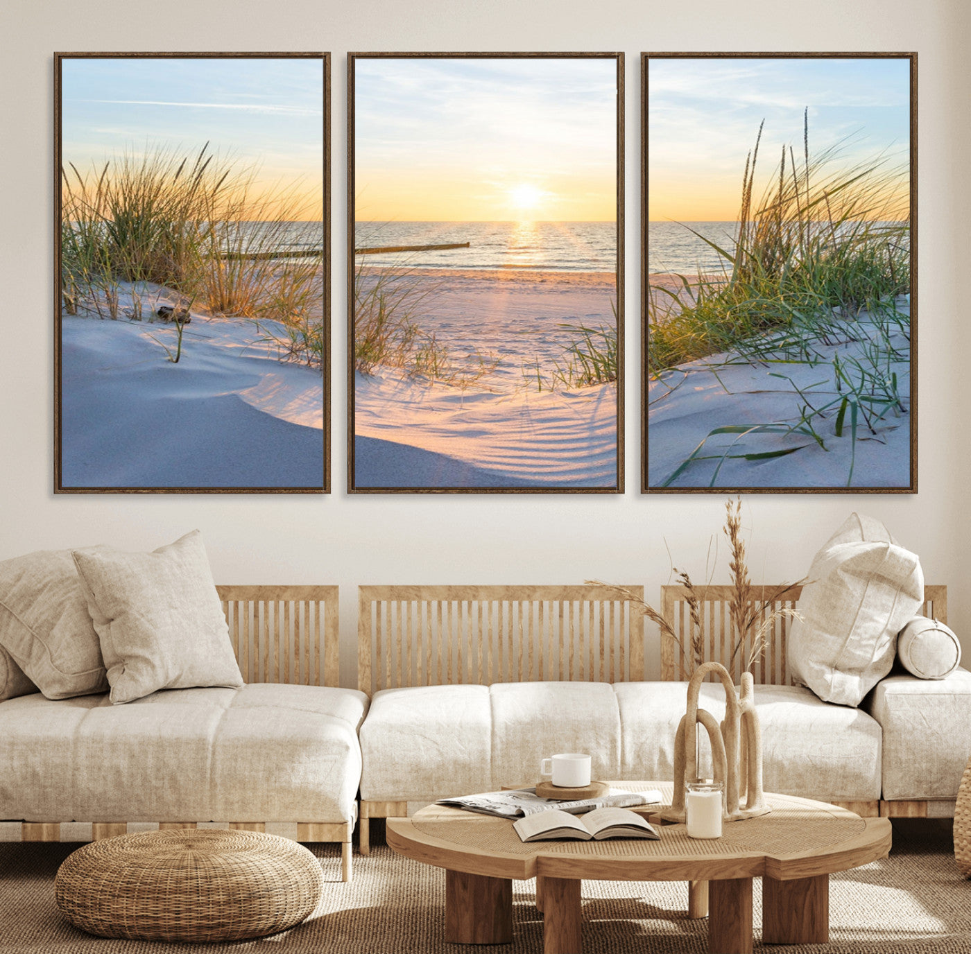 48907-MGV-CV-36X24-Beach Sunset Wall Art – Coastal Sand Dunes and Ocean View Canvas Print, Serene Seaside Landscape Painting for Living Room, Bedroom