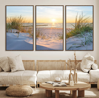 48907-MGV-CV-36X24-Beach Sunset Wall Art – Coastal Sand Dunes and Ocean View Canvas Print, Serene Seaside Landscape Painting for Living Room, Bedroom