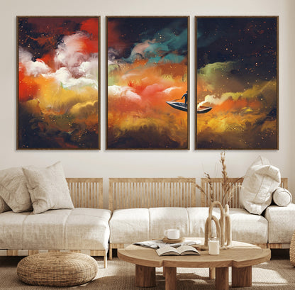 45085-MGV-CV-36X24-Surreal Cosmic Wall Art – Abstract Galaxy Dreamscape Canvas Print with Man and Dog in Boat, Fantasy Nebula Painting for Living