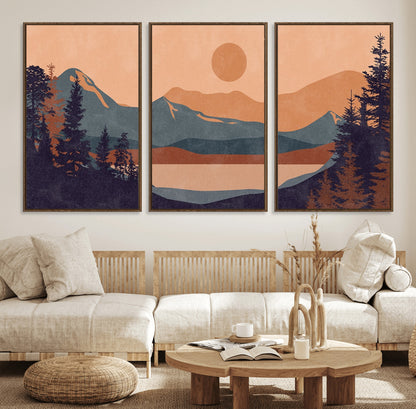 62795-MGV-CV-36X24-Minimalist Mountain Landscape Wall Art – Abstract Sunset Over Peaks and Pine Trees Canvas Print, Modern Nature Decor for Living