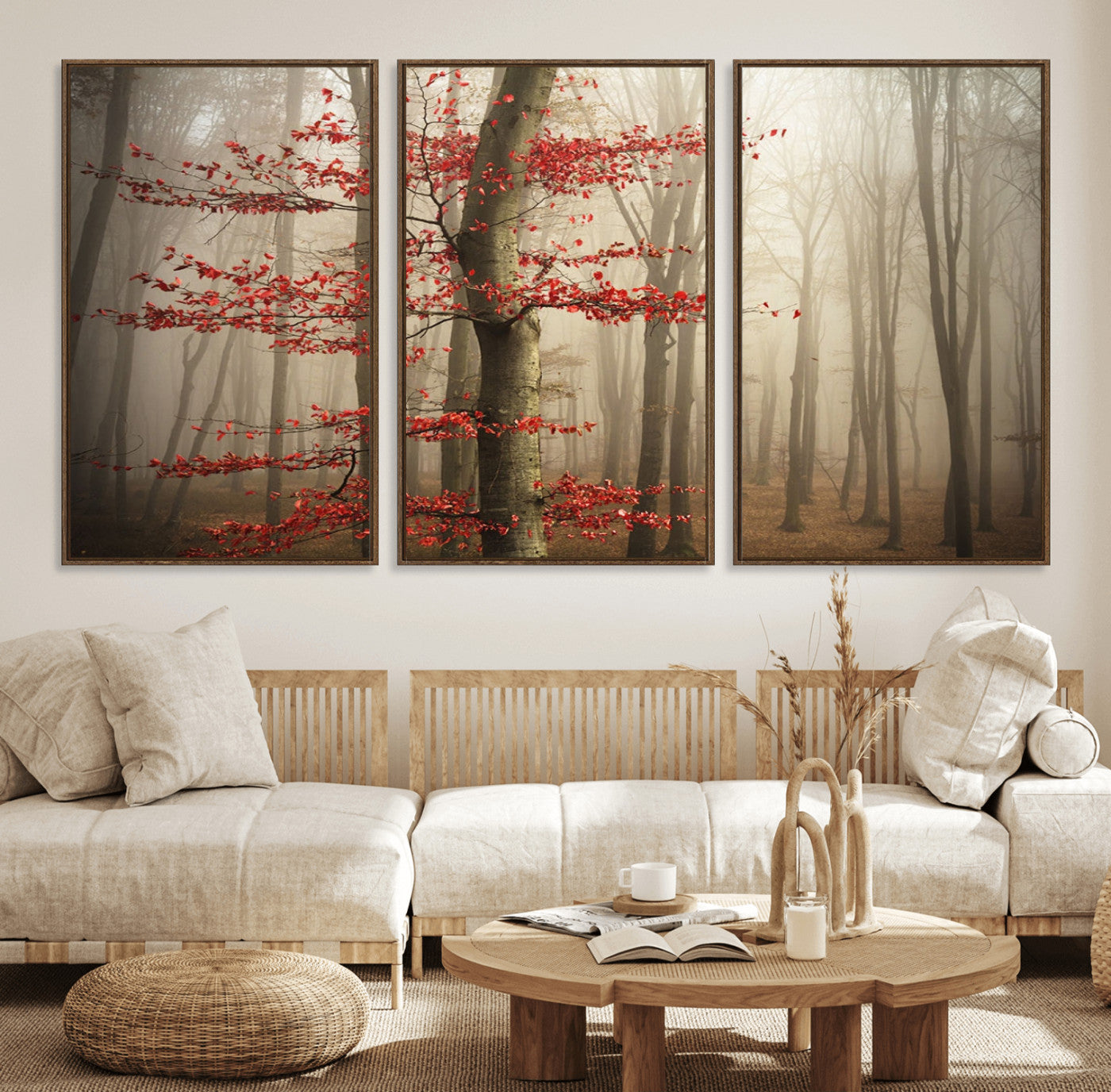 61855-MGV-FC-60X30-3P_Walnut-Misty Forest Wall Art – Red Tree with Autumn Leaves Canvas Print, Moody Woodland Nature Decor for Living Room, Bedroom, or Office