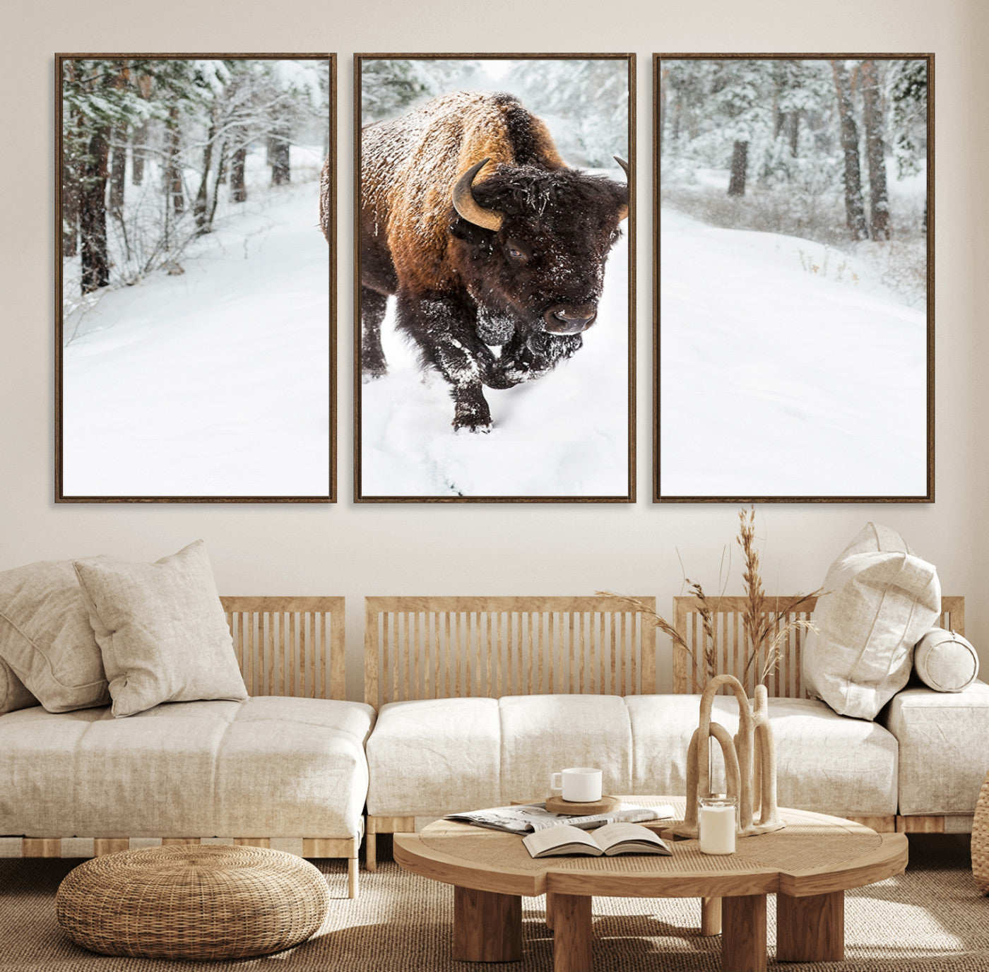 84699-MGV-FC-60X30-3P_Walnut-Bison in Winter Wall Art – Majestic Buffalo Canvas Print with Snowy Forest Landscape, Rustic Wildlife Artwork for Cabin, Living