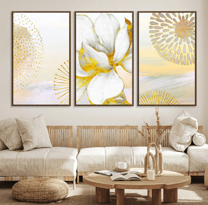 82301-MGV-CV-60X30-3P-Modern Floral Wall Art – White Flower with Gold Detailing Canvas Print, Elegant Abstract Artwork for Living Room, Bedroom, or