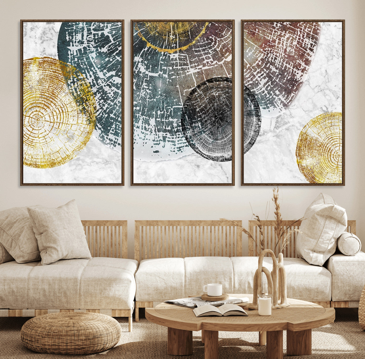 70653-MGV-FC-60X30-3P_Walnut-Abstract Tree Ring Wall Art – Modern Rustic Wood Slice Canvas Print with Gold Accents, Contemporary Nature Decor for Living Room,