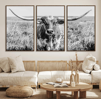 77320-MGV-CV-36X24-Texas Longhorn Wall Art – Black and White Western Cattle Canvas Print, Rustic Farmhouse Animal Photography Decor for Living Room,