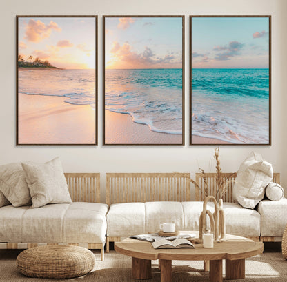 36554-MGV-CV-36X24-Tropical Beach Sunset Wall Art – Ocean Waves and Palm Canvas Print, Coastal Seascape Photography Decor for Living Room, Bedroom,